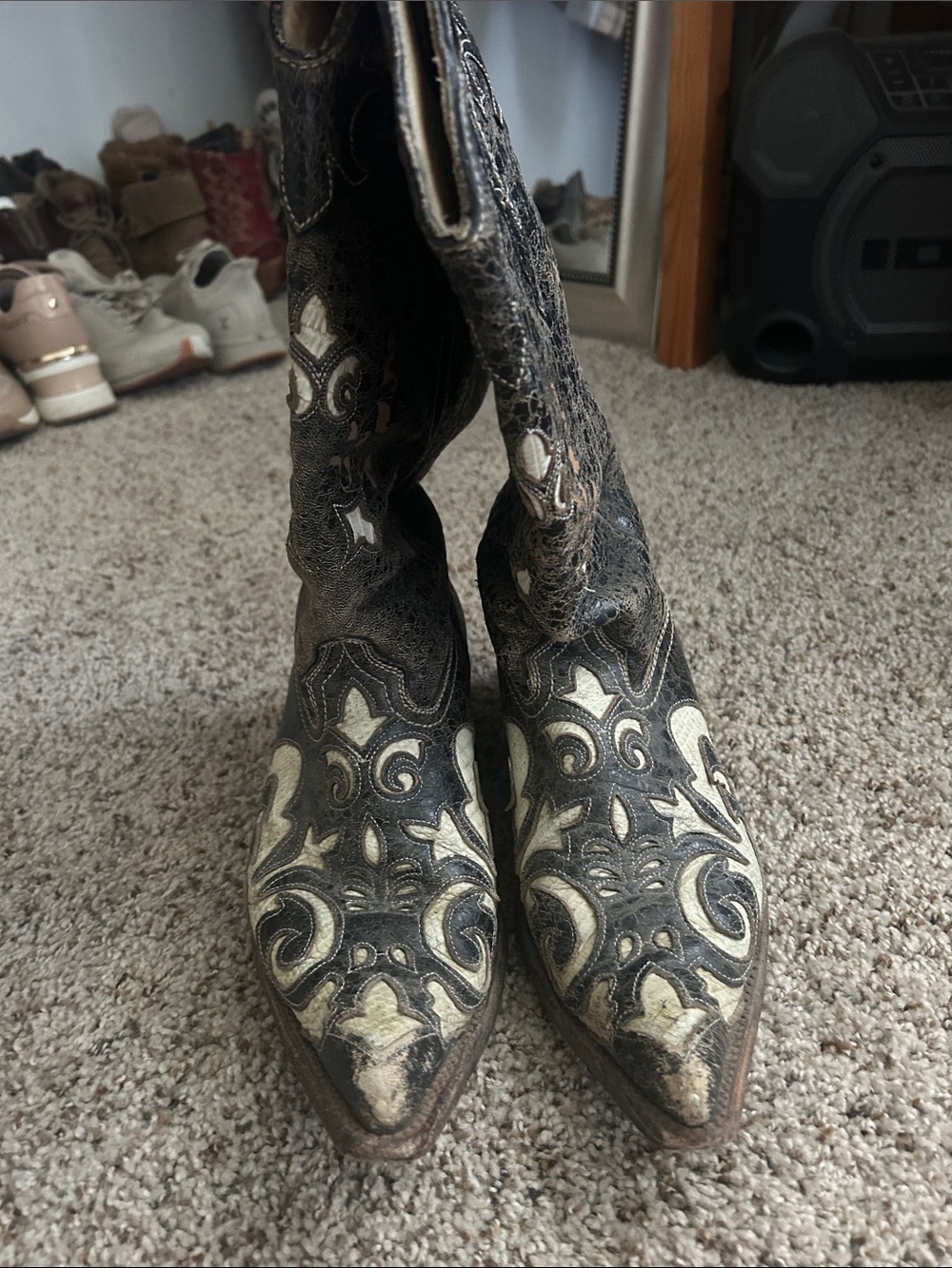 Embroidered Pointed-Toe Women's Lace-Up Boots in Black and Cream